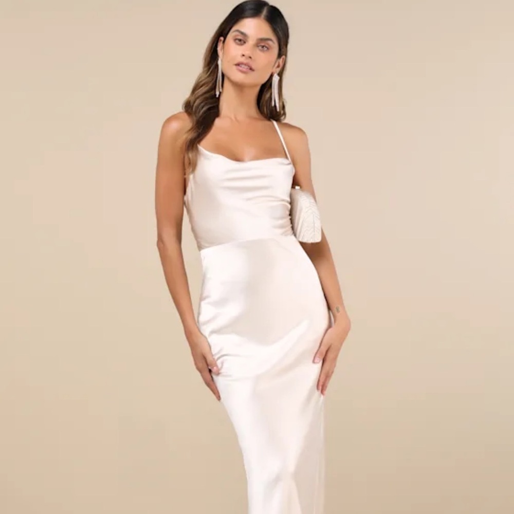 NWT LuLu’s Inspiring Romance Champagne Satin Cowl Neck Lace Up Maxi Dress XS & S